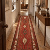 AI-generated lifestyle visualization of a vintage Azerbaijan Soumak runner, 3'9" × 11', in a hallway; original product photos show the actual rug.