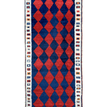 Vintage Persian Gabbeh rug with red and navy diamond pattern and cream border
