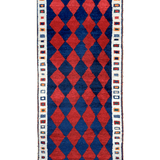 Vintage Persian Gabbeh rug with red and navy diamond pattern and cream border