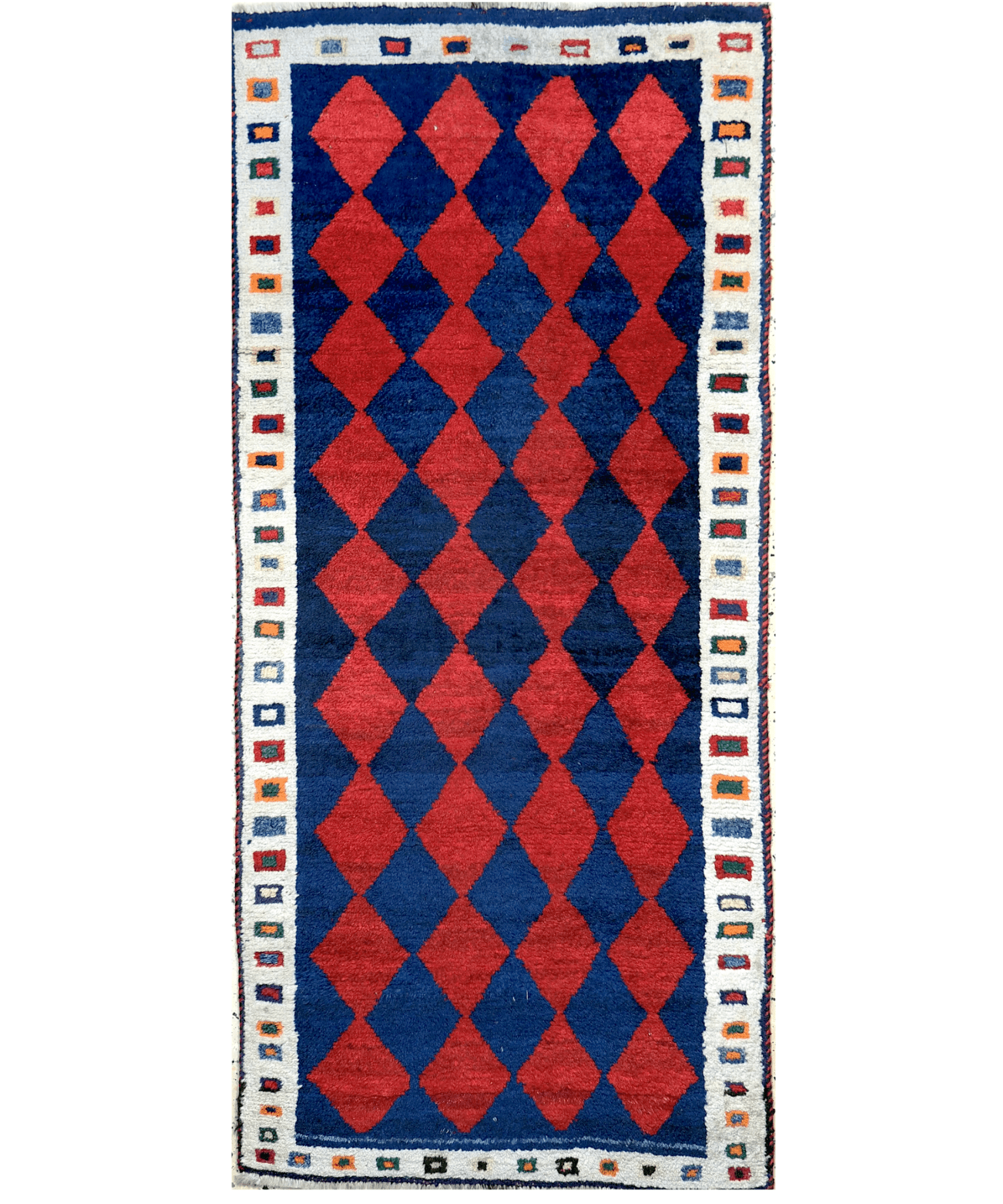 Vintage Persian Gabbeh rug with red and navy diamond pattern and cream border