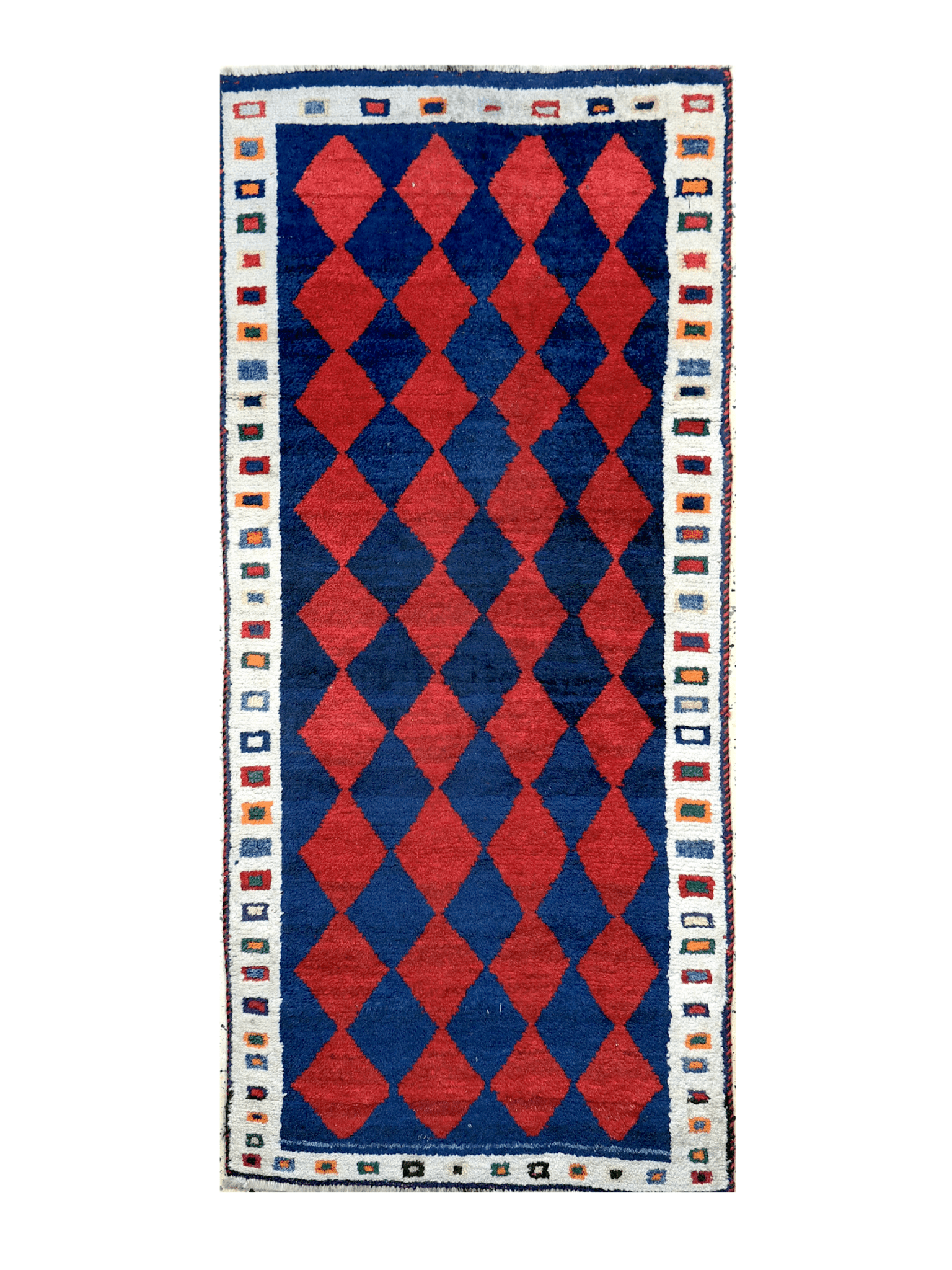 Vintage Persian Gabbeh rug with red and navy diamond pattern and cream border