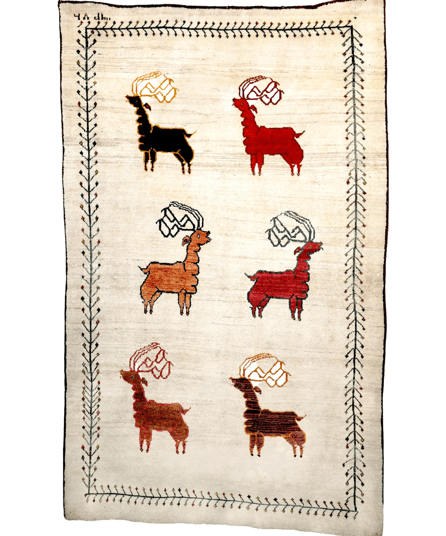 Gabbeh rug with ivory background, eight stylized animals in black and red, corner border.