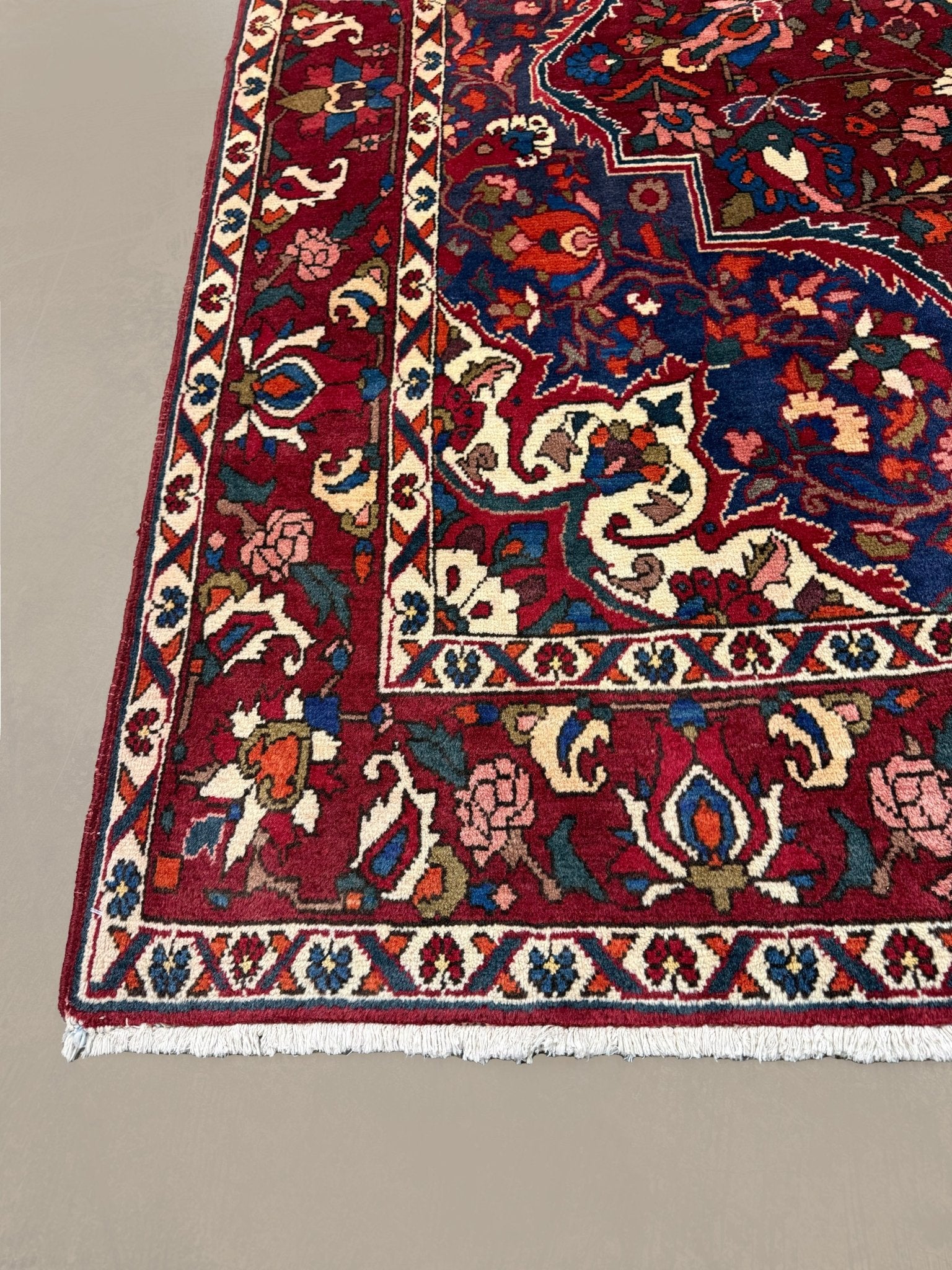 Vintage Saman Bakhtiari Rug, corner, border and fringe detail, hand-knotted wool pile. SKU EE 1.1233.