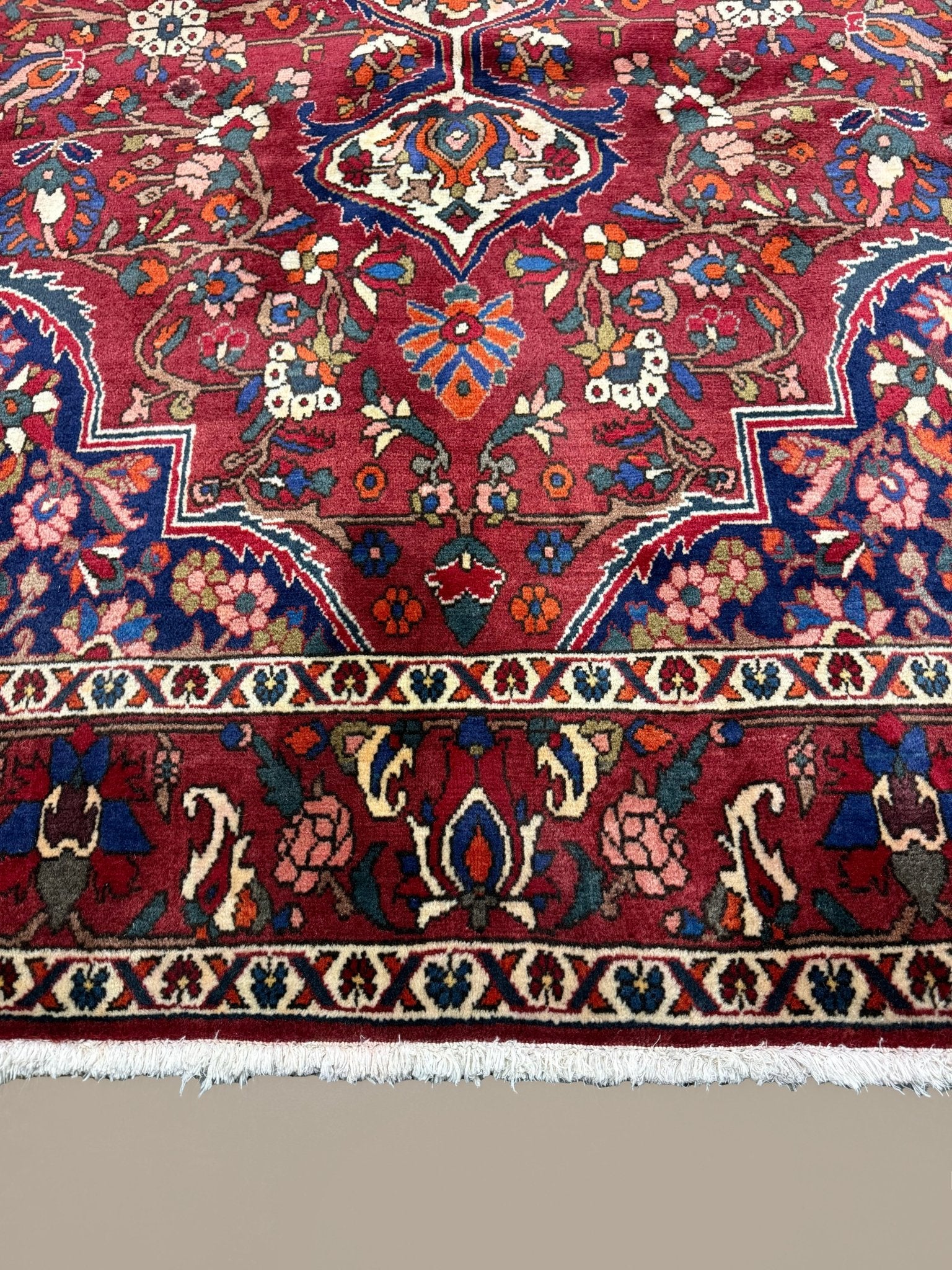 Vintage Saman Bakhtiari Rug, close-up of the border and fringe, hand-knotted wool pile. SKU EE 1.1233.