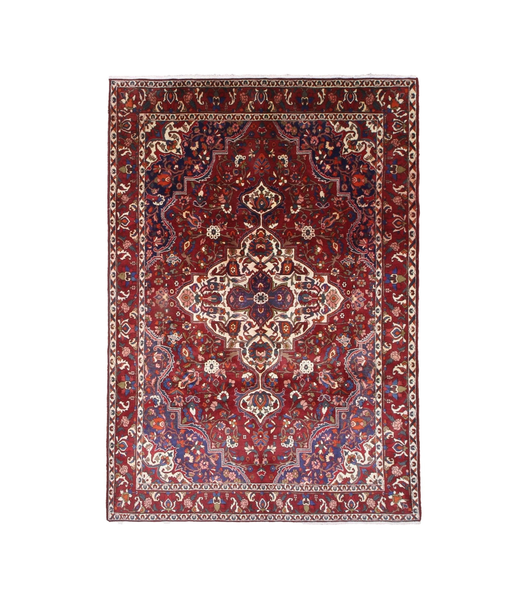 Vintage Saman Bakhtiari Rug, top view on white background, hand-knotted wool pile. SKU EE 1.1233.