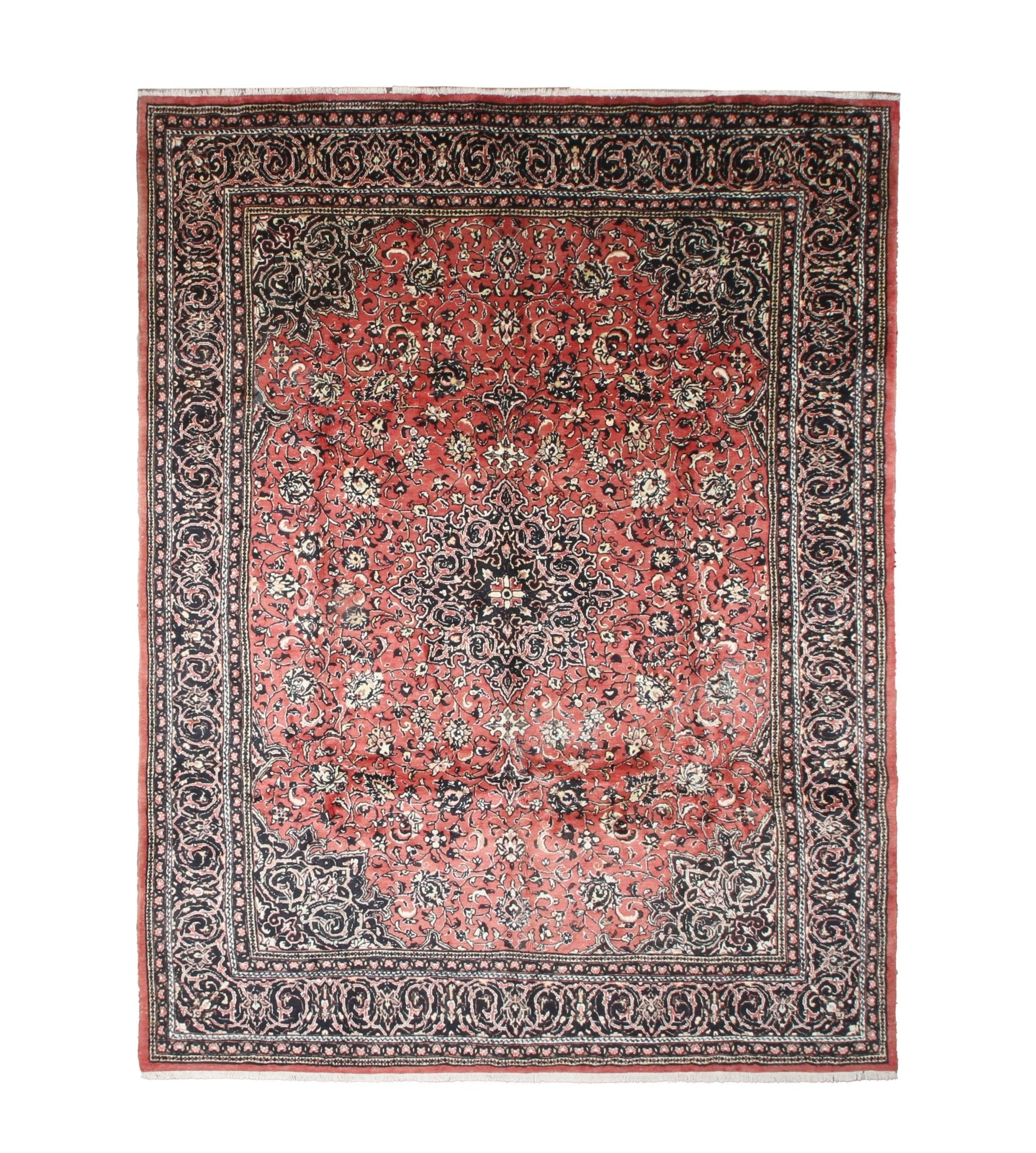 Vintage Sarouk Rug — Tomato Red & Indigo Arabesques | 10' × 13'2" - Rug the Rock - availableHand-knottedSarough
