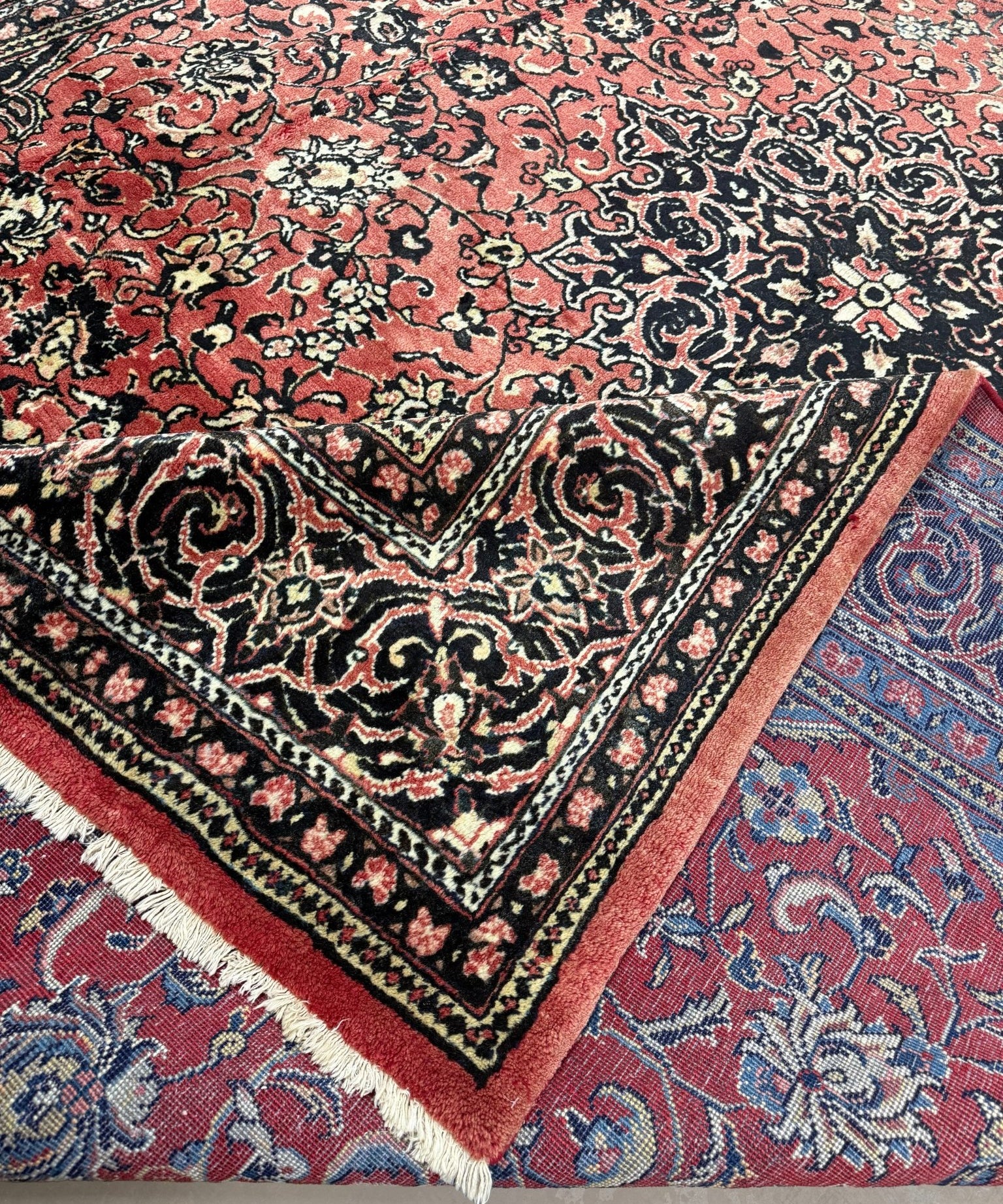 Vintage Sarouk Rug — Tomato Red & Indigo Arabesques | 10' × 13'2" - Rug the Rock - availableHand-knottedSarough