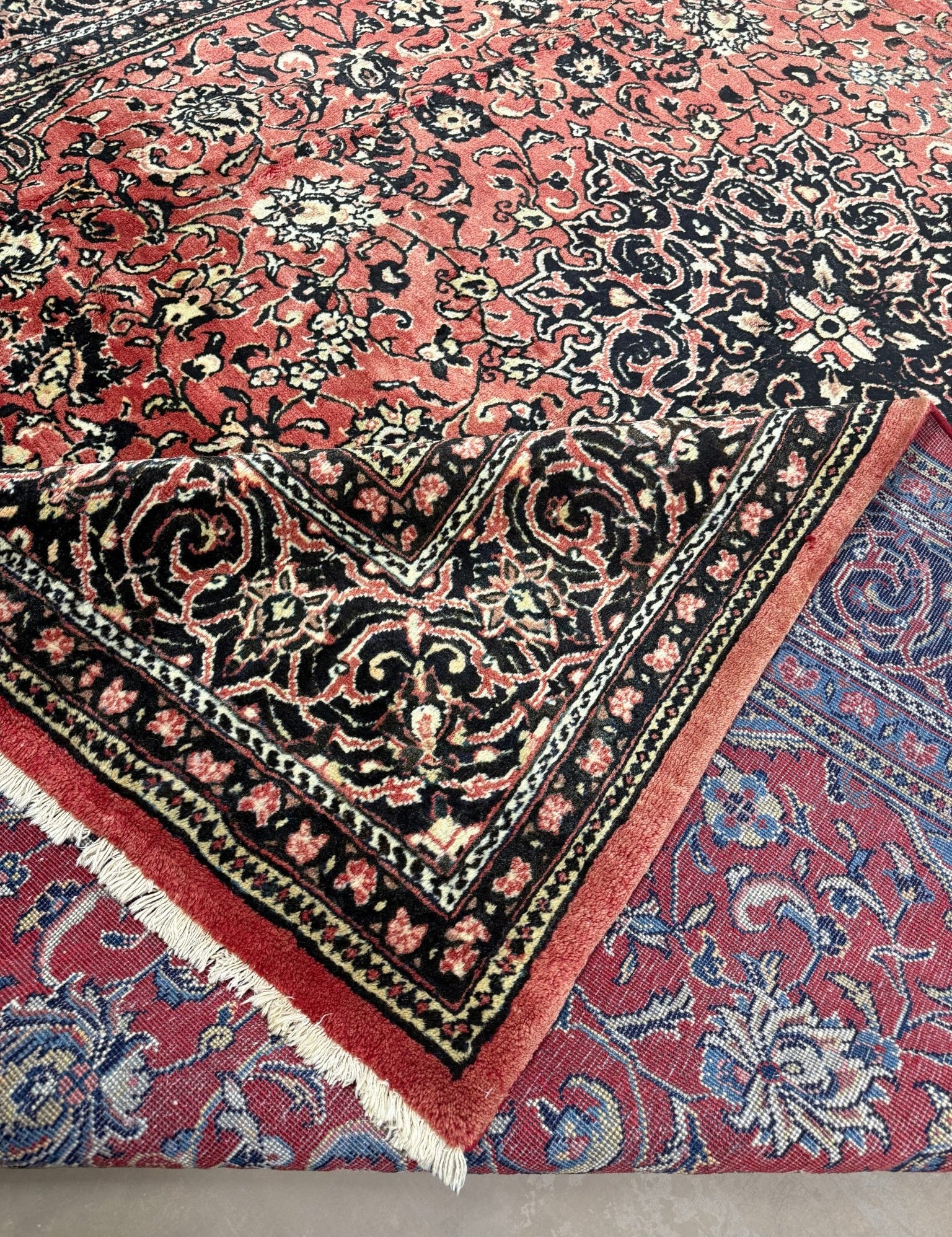 Vintage Sarouk Rug — Tomato Red & Indigo Arabesques | 10' × 13'2" - Rug the Rock - availableHand-knottedSarough