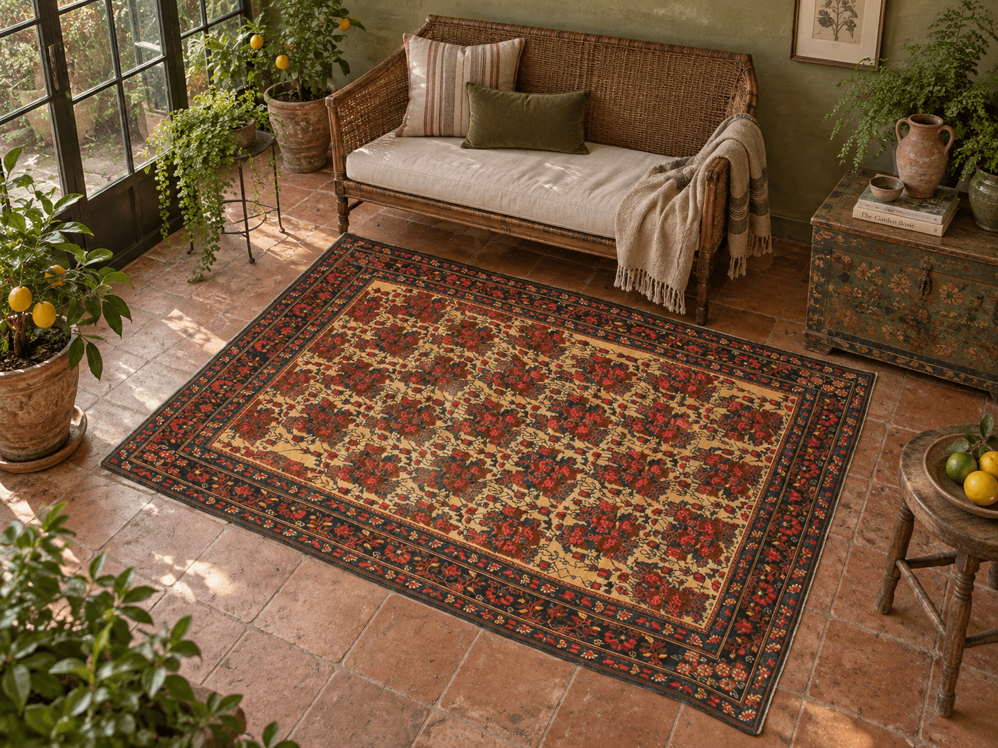 Vintage Sirjan Afshar Rug — Gol Farang Bouquets on Saffron | 5'2" × 7'5" - Rug the Rock - availabletexas