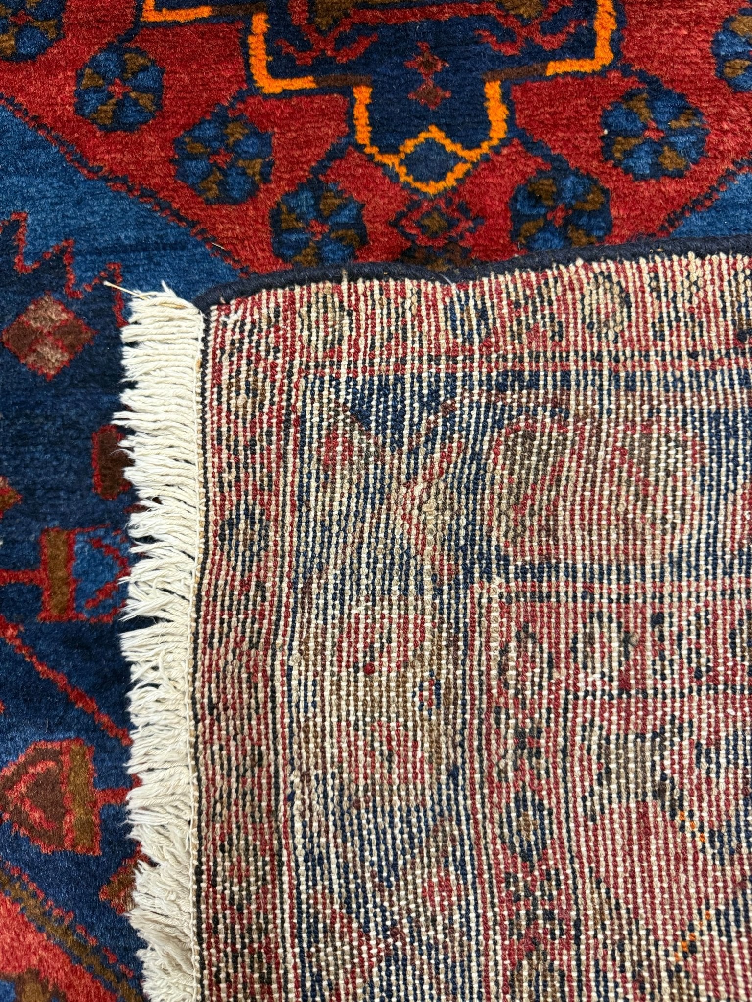 Vintage Sonqor Runner — Linked Angular Medallions in Red & Deep Blue. Original rug photograph; SKU RR30722; source RR 30722 IMG_6999.