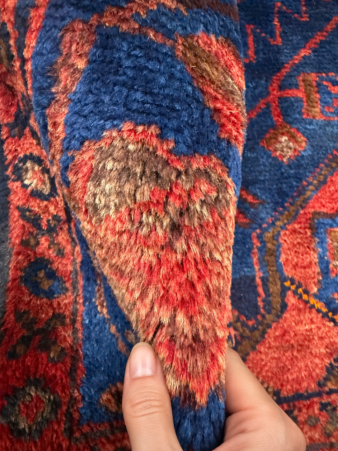 Vintage Sonqor Runner — Linked Angular Medallions in Red & Deep Blue. Rug pile and texture detail; SKU RR 30722; source IMG_6991.