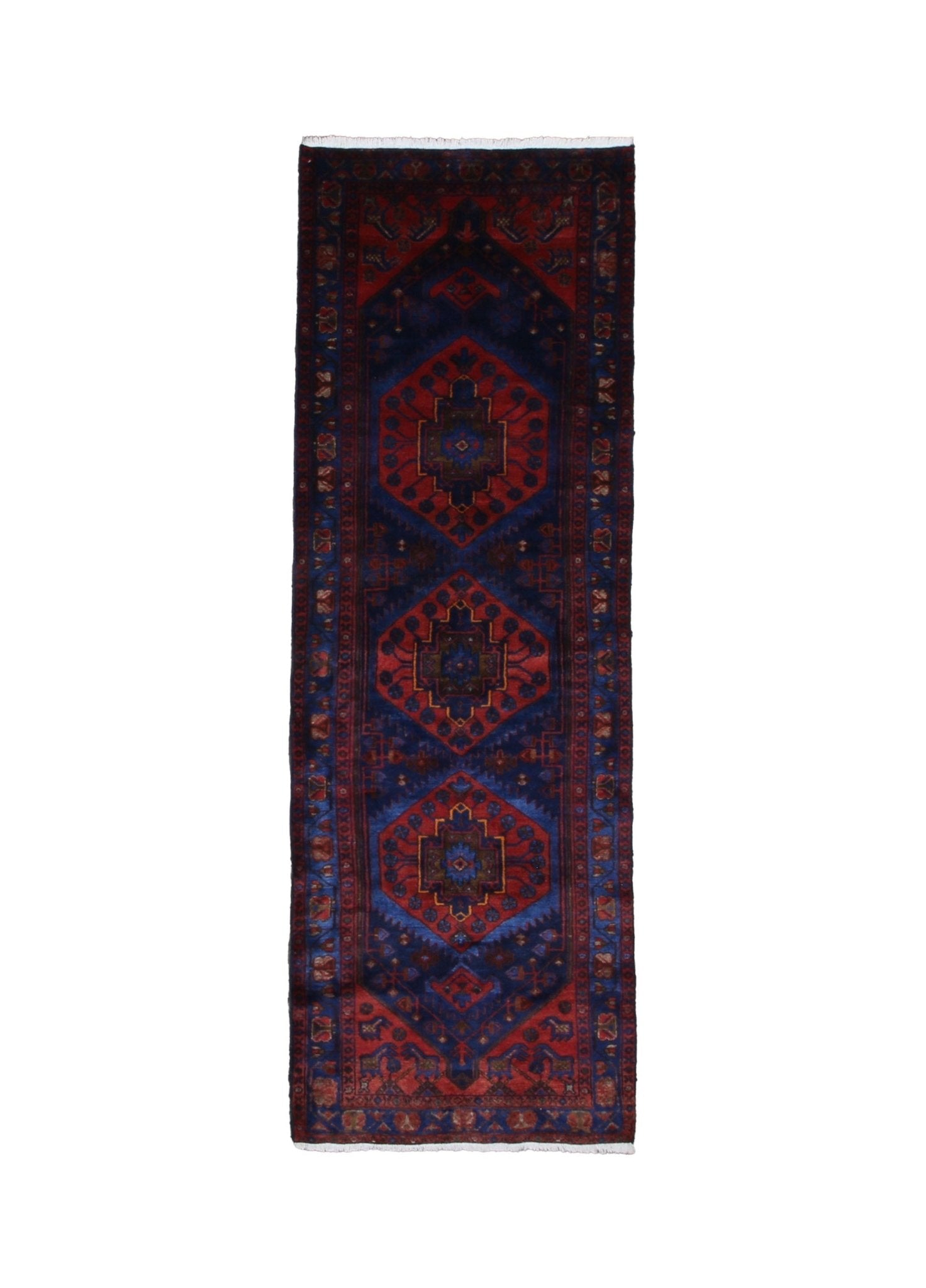 Persian Sonqor Runner, top view on white background, hand-knotted wool with red colouring. SKU RR 30722.