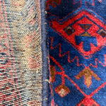 Vintage Sonqor Runner — Linked Angular Medallions in Red & Deep Blue. Original rug photograph; SKU RR30722; source RR 30722 IMG_6990.