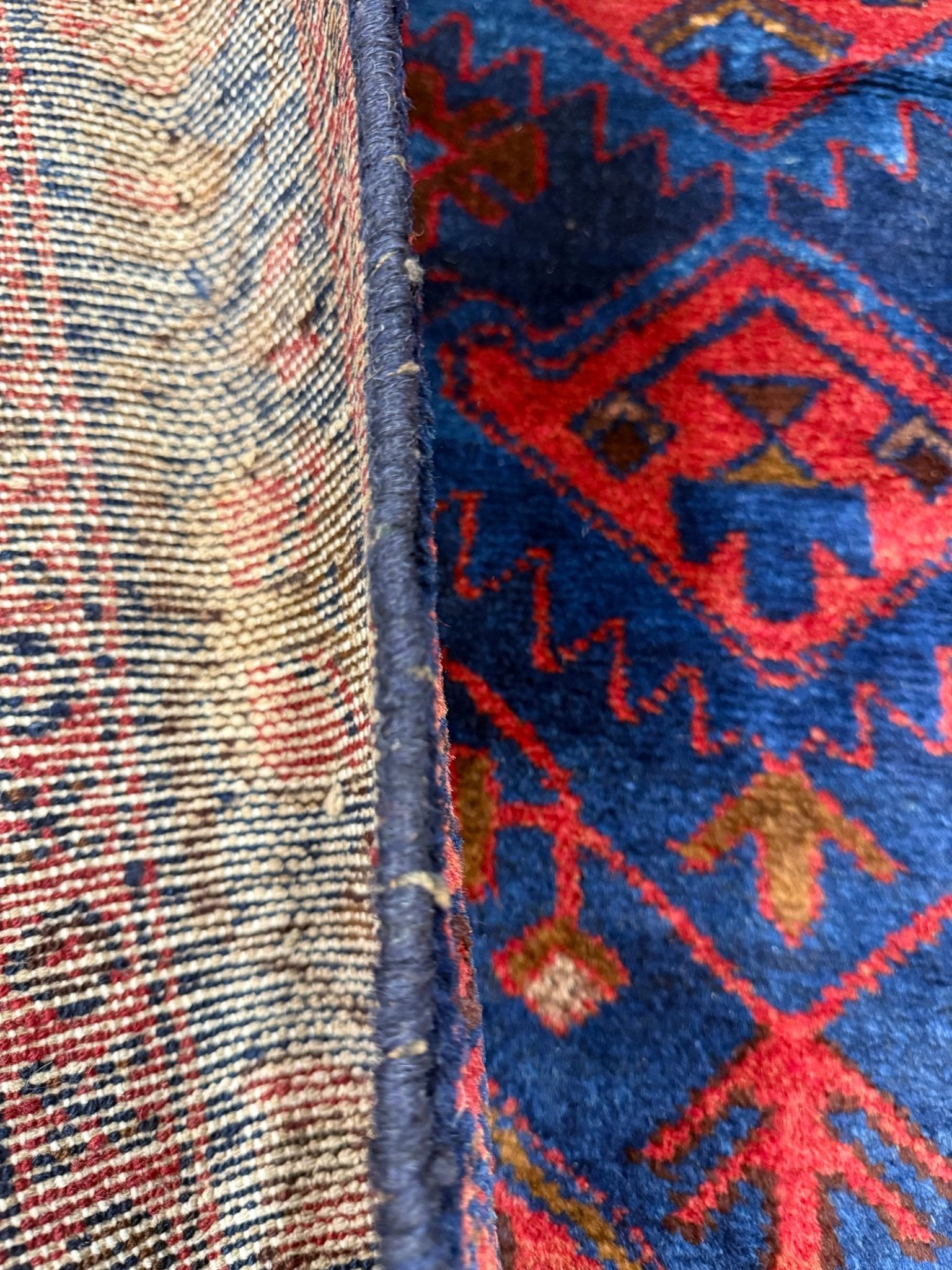 Vintage Sonqor Runner — Linked Angular Medallions in Red & Deep Blue. Original rug photograph; SKU RR30722; source RR 30722 IMG_6990.