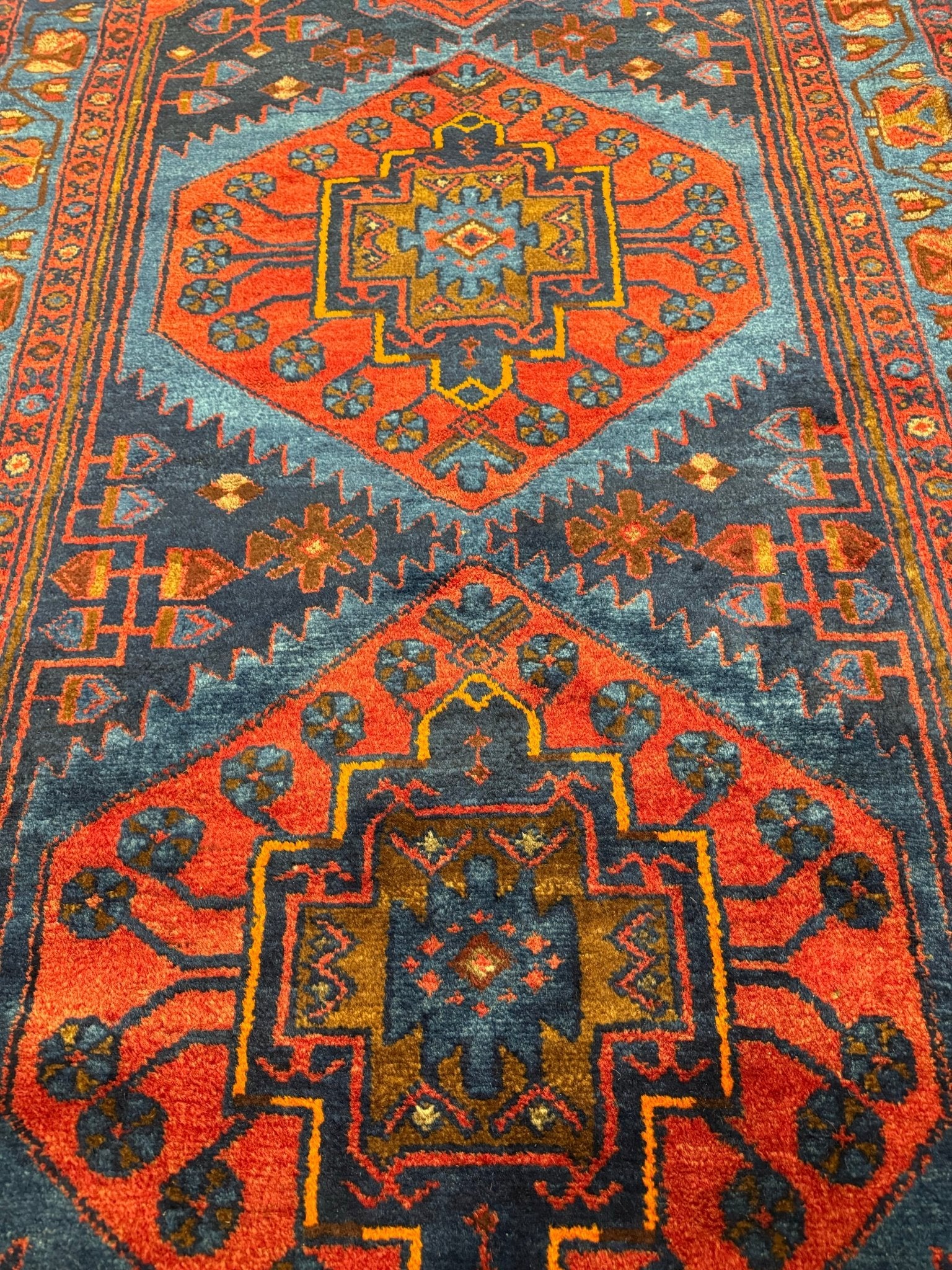 Vintage Sonqor Runner — Linked Angular Medallions in Red & Deep Blue. Original rug photograph; SKU RR30722; source RR 30722 IMG_6996.