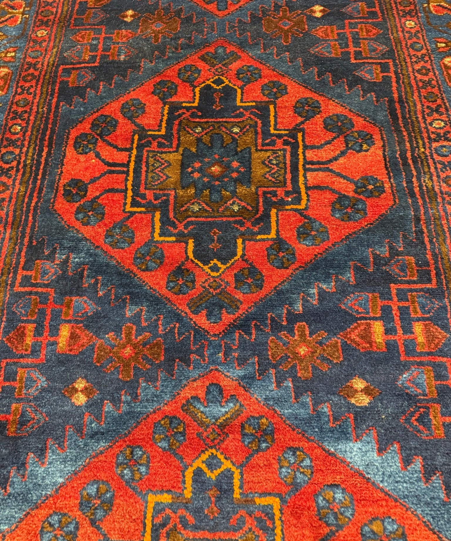 Vintage Sonqor Runner — Linked Angular Medallions in Red & Deep Blue. Original rug photograph; SKU RR30722; source RR 30722 IMG_6986.