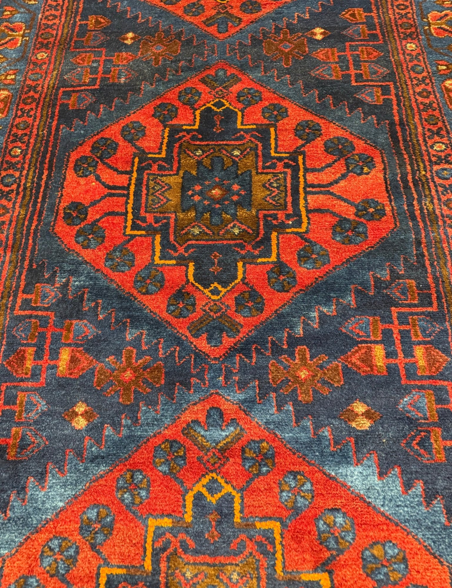 Vintage Sonqor Runner — Linked Angular Medallions in Red & Deep Blue. Original rug photograph; SKU RR30722; source RR 30722 IMG_6986.