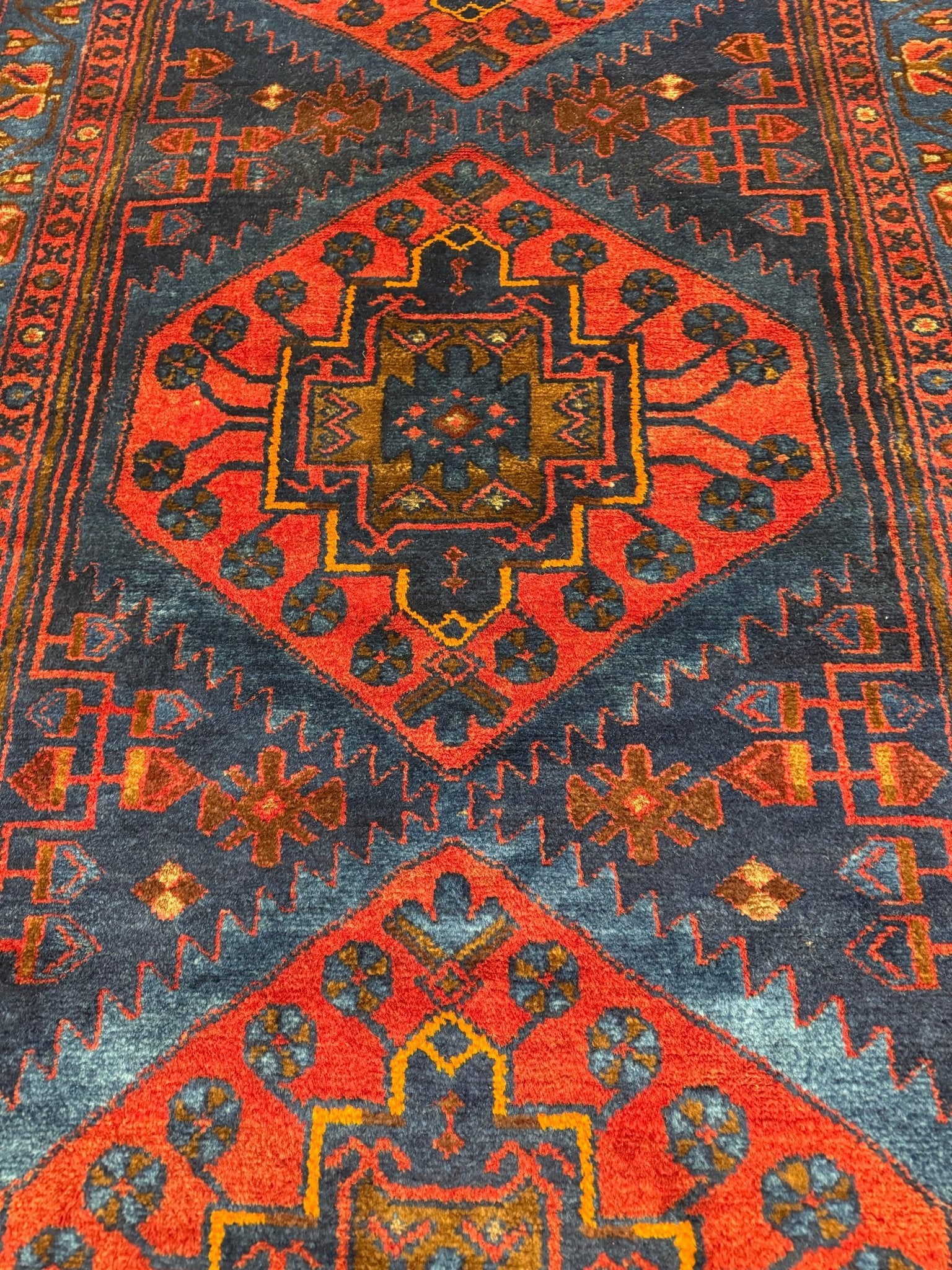 Vintage Sonqor Runner — Linked Angular Medallions in Red & Deep Blue. Original rug photograph; SKU RR30722; source RR 30722 IMG_6986.