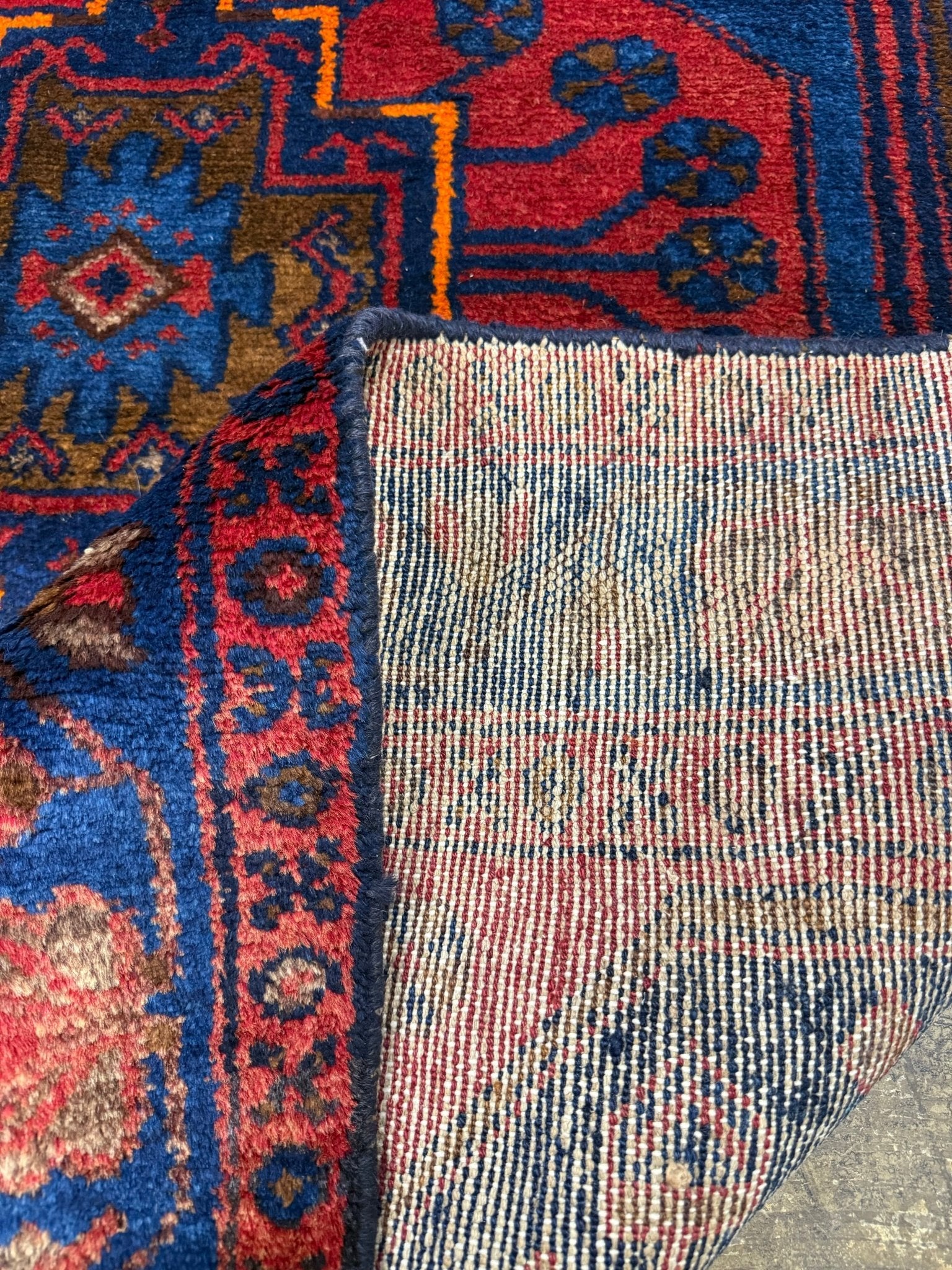 Vintage Sonqor Runner — Linked Angular Medallions in Red & Deep Blue. Original rug photograph; SKU RR30722; source RR 30722 IMG_6988.