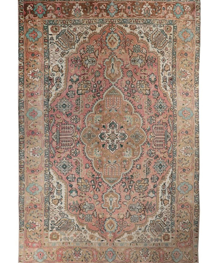 Vintage Tabriz rug, rose field with central medallion and ornate beige, teal borders