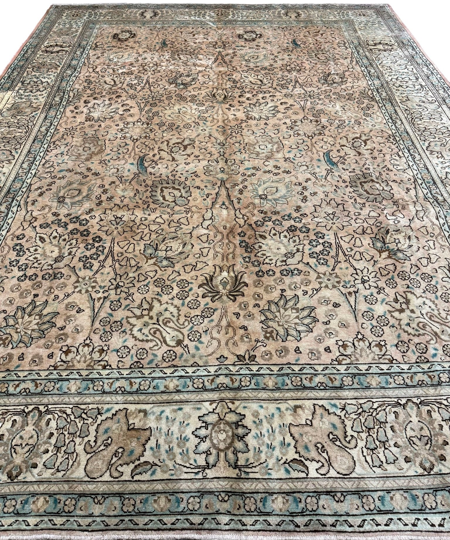 Vintage Tabriz Rug — Soft Sand & Seafoam Afshan | 9'8" × 12'10" - Rug the Rock - availableFloralHand-knotted