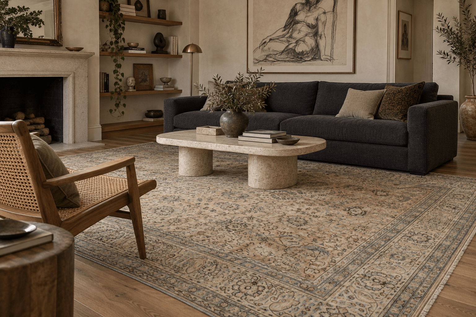 Vintage Tabriz Rug — Soft Sand & Seafoam Afshan | 9'8" × 12'10" - Rug the Rock - availableFloralHand-knotted