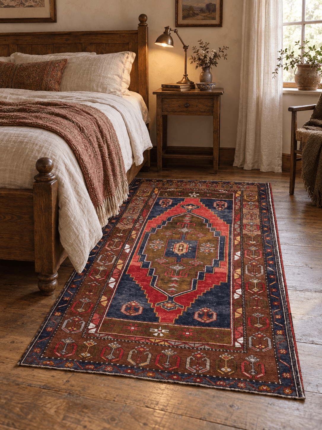 Vintage Turkish Yahyali Rug — Olive & Indigo Stepped Medallion | 3'8" × 6'5" - Rug the Rock - 4 x 65 x 7available