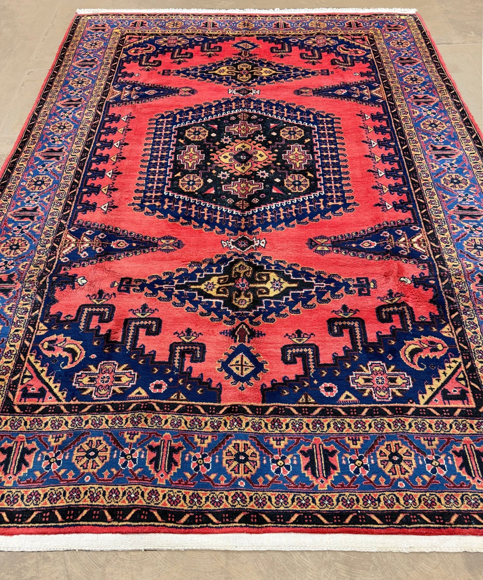 Viss Rug — Coral Red & Indigo Medallion | 7'2" × 9'6" - Rug the Rock - availableGeometricHand-knotted