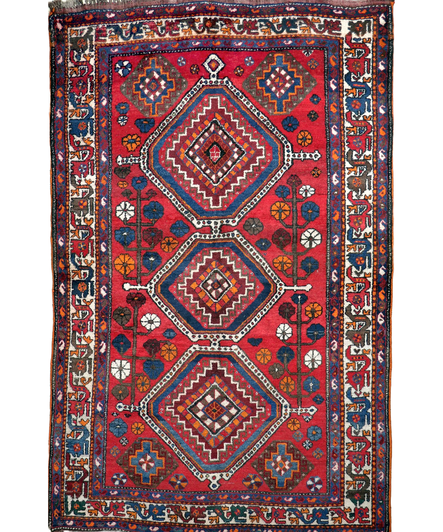 Red Qashqai-style area rug with central diamond, repeating medallions, and border design.
