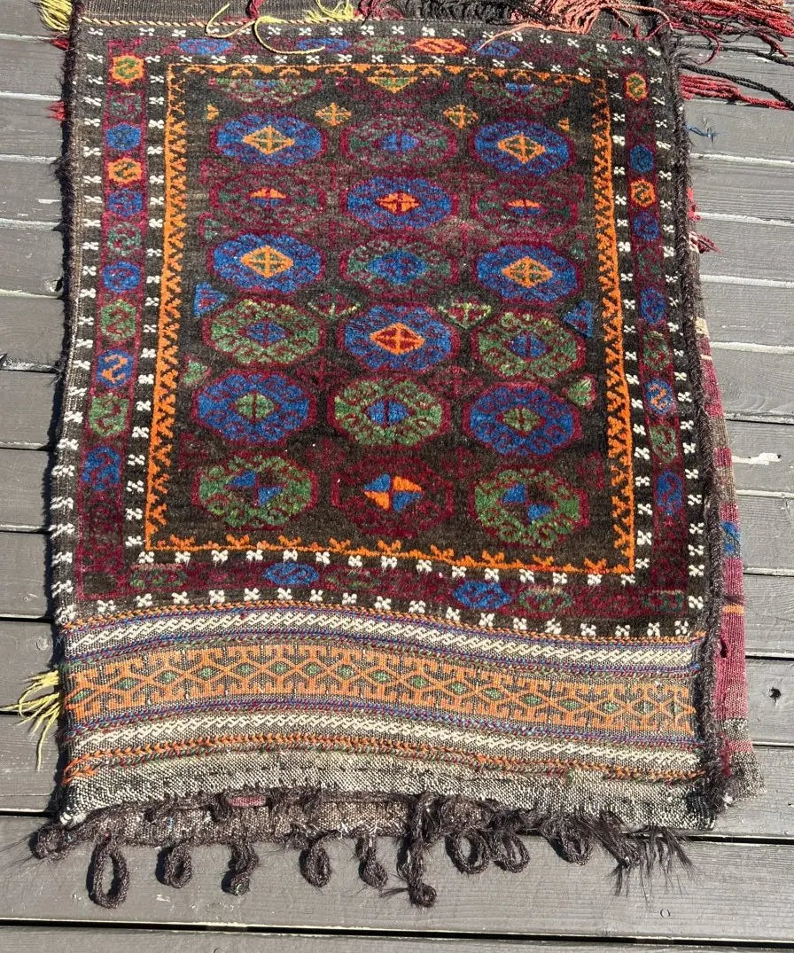 Baluch saddlebag rug with multicolor geometric medallion and fringed edges