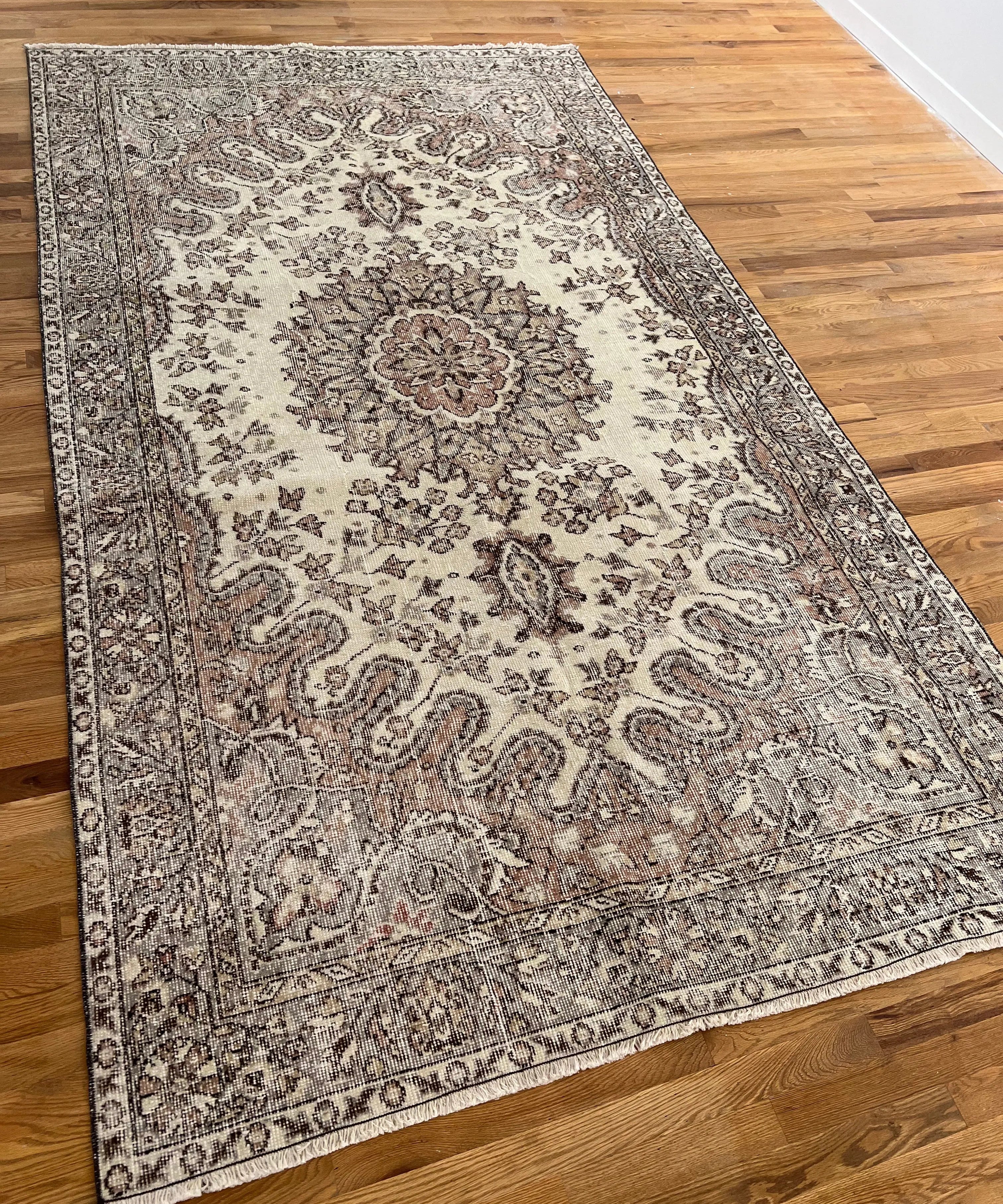 Vintage Turkish Oushak rug, cream and dark gray ornate medallions with border detail