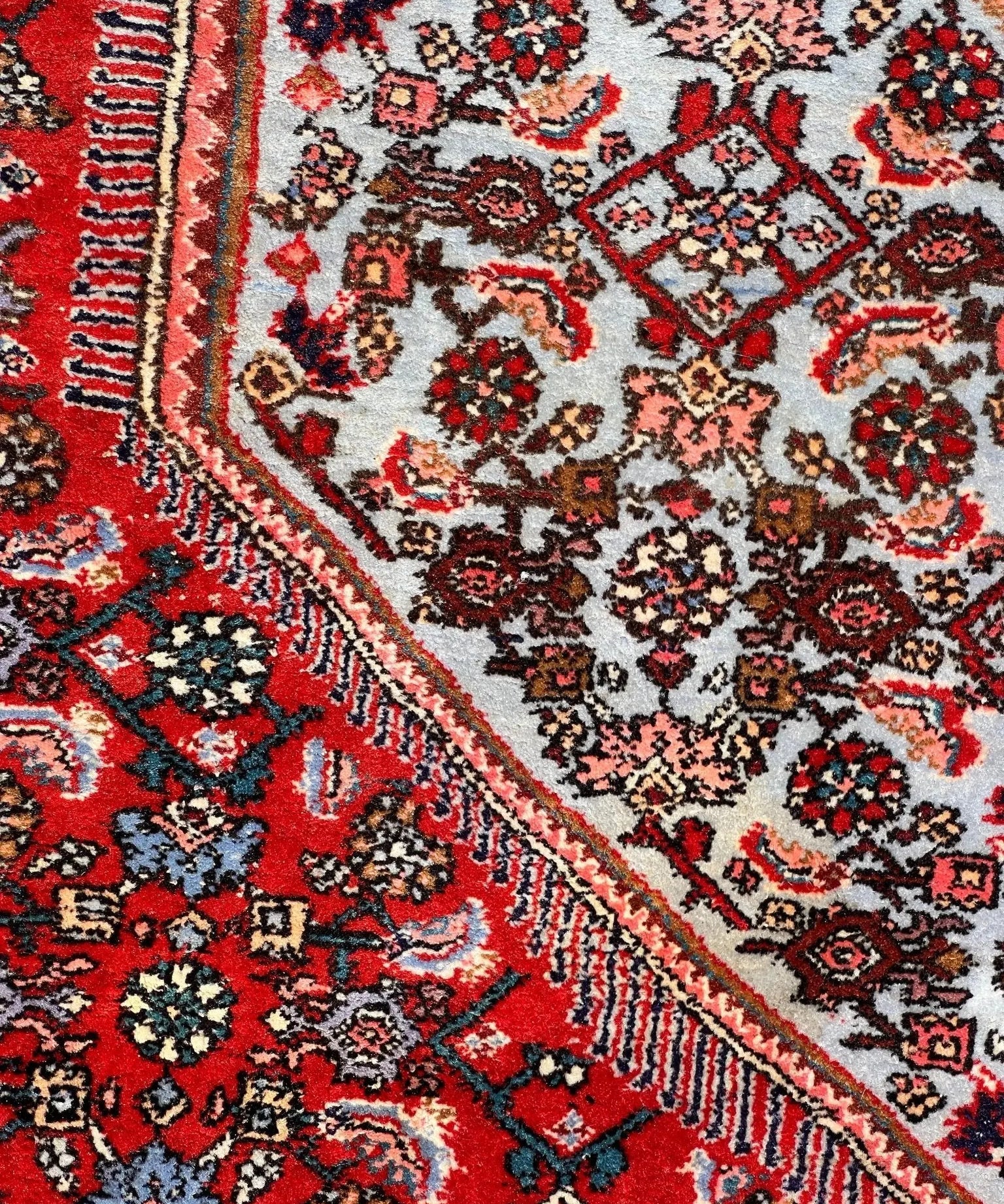 Persian Bidjar rug pattern close-up, red field with cream, navy, and gold motifs