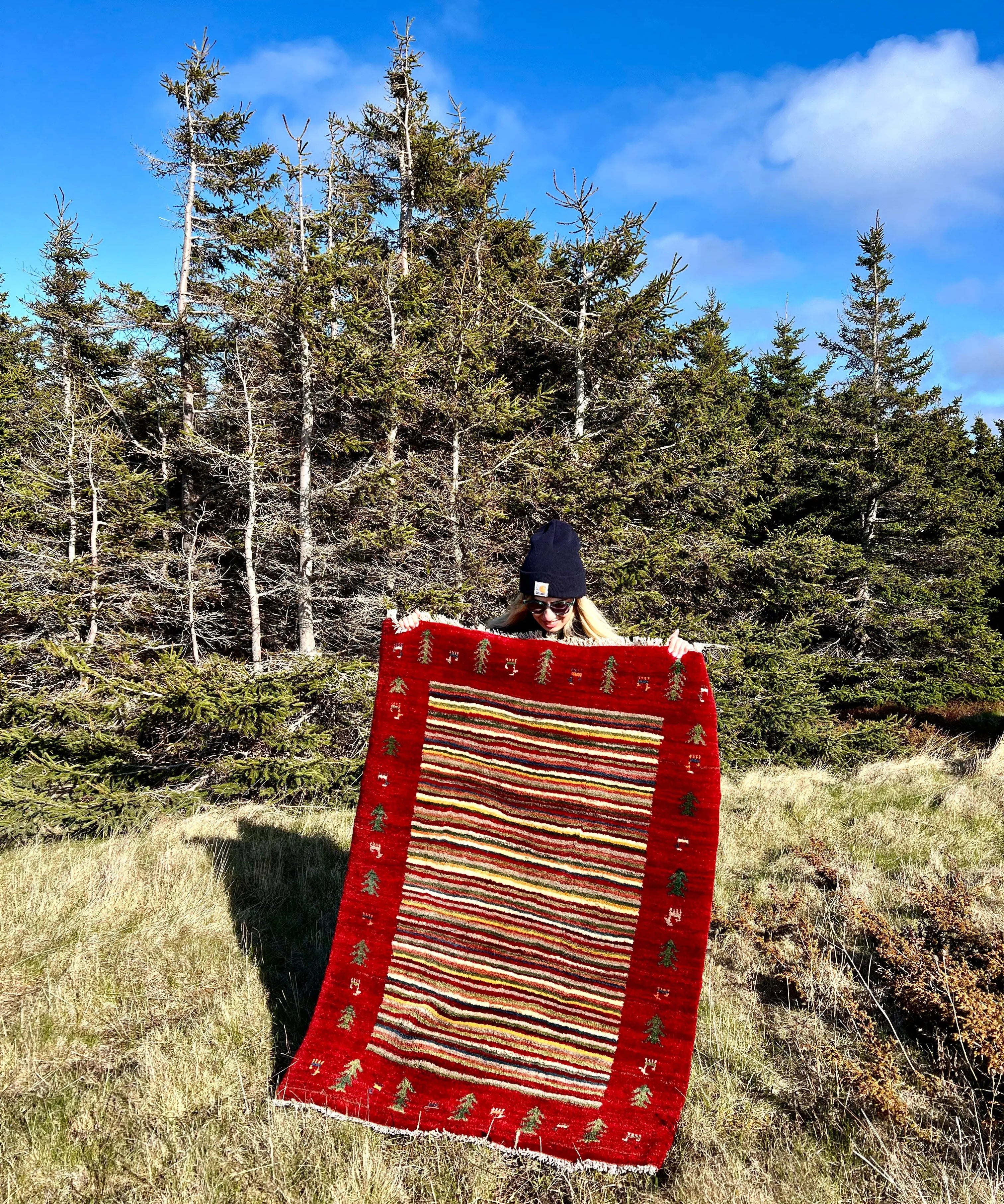 Gabbeh rug, deep red with multicolor stripes and fringe edges, shown outdoors