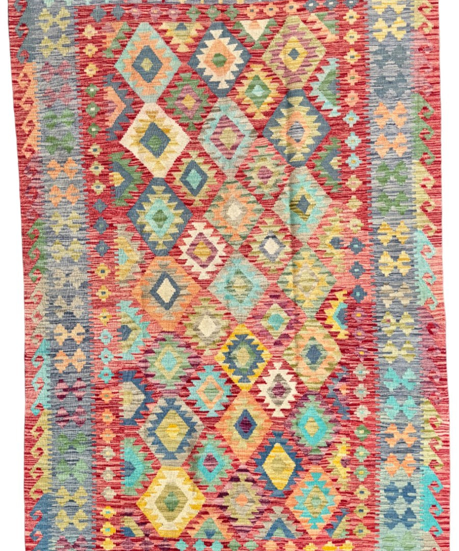 Multicolor kilim rug with diamond and cross geometric pattern, flat view