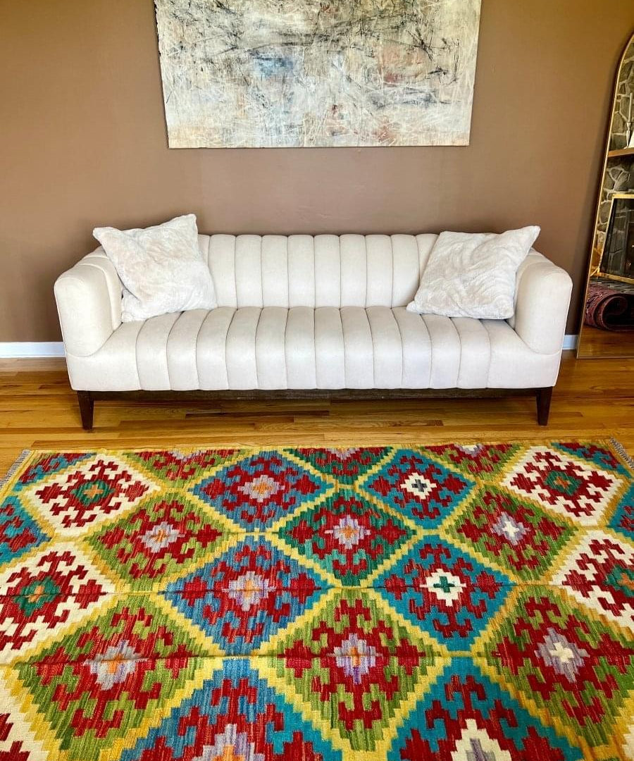 Afghan Maymana kilim rug with geometric medallion pattern, green/blue/red/white