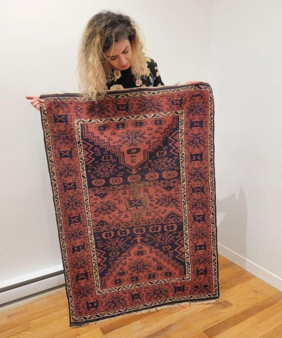 Antique Balcuh rug, 4x3 ft, red geometric pattern with dark blue border