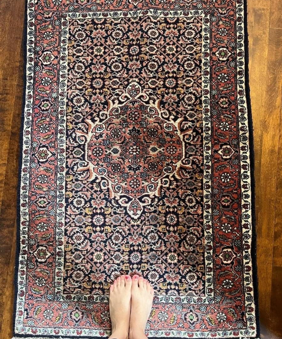 Bidjar rug with ornate navy, red, and cream pattern and central medallion