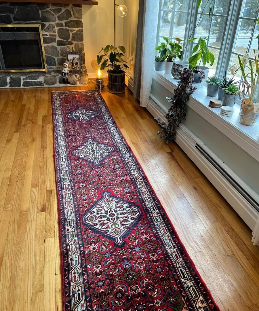 Red and navy patterned runner rug with central medallion and decorative border