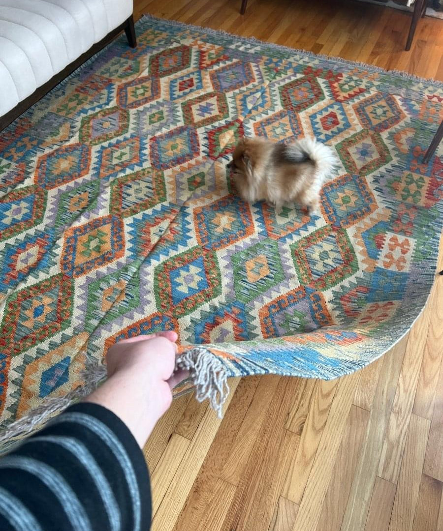 Multicolor geometric kilim rug with diamond pattern and fringe edge, shown in close view.