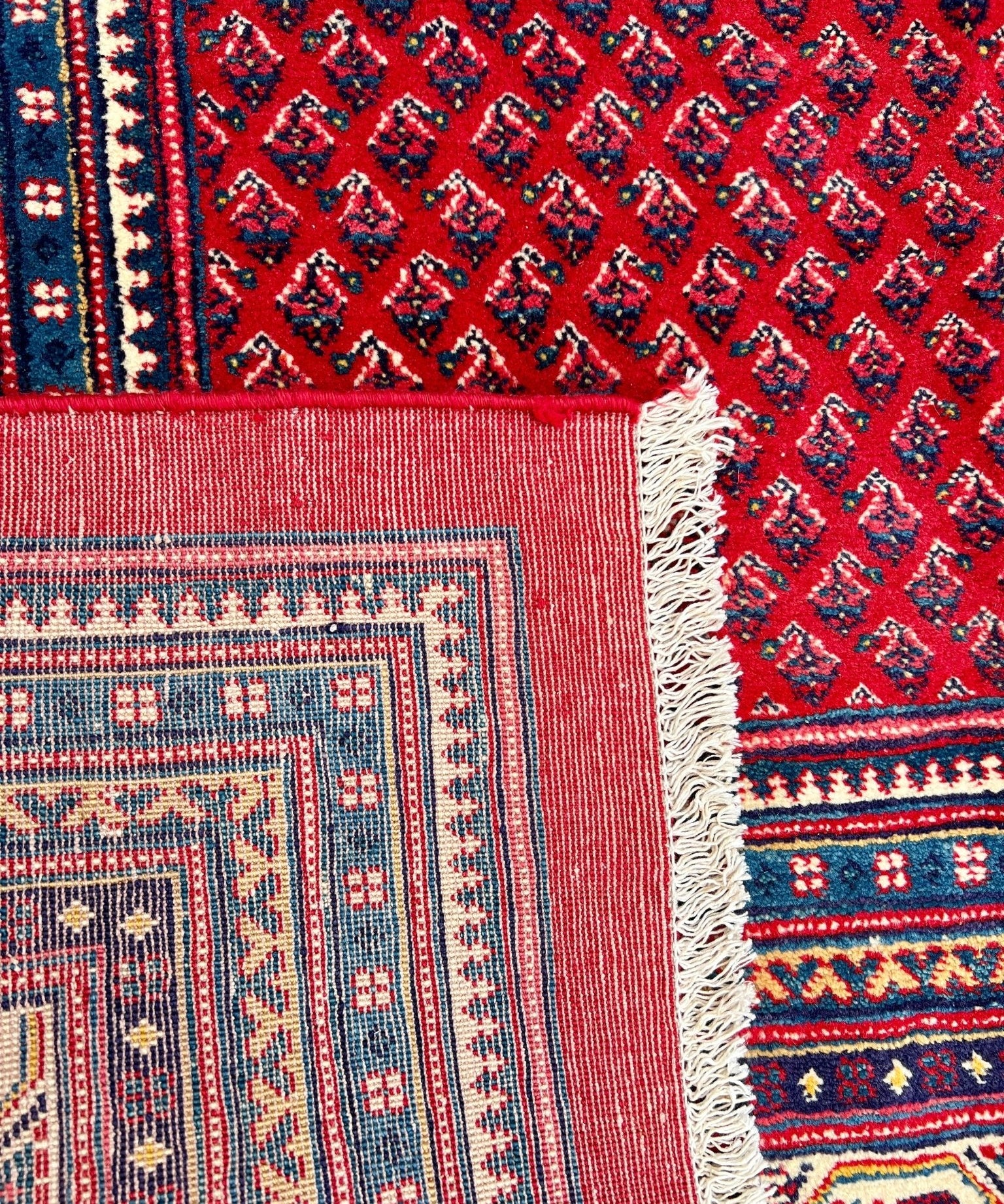 Persian Sarouk Mir rug corner detail, red pattern with cream border and fringe