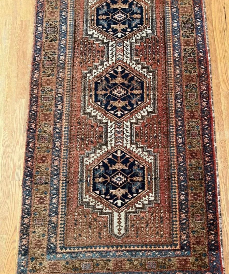 Persian Meshgin runner rug with rust, navy and cream geometric medallions