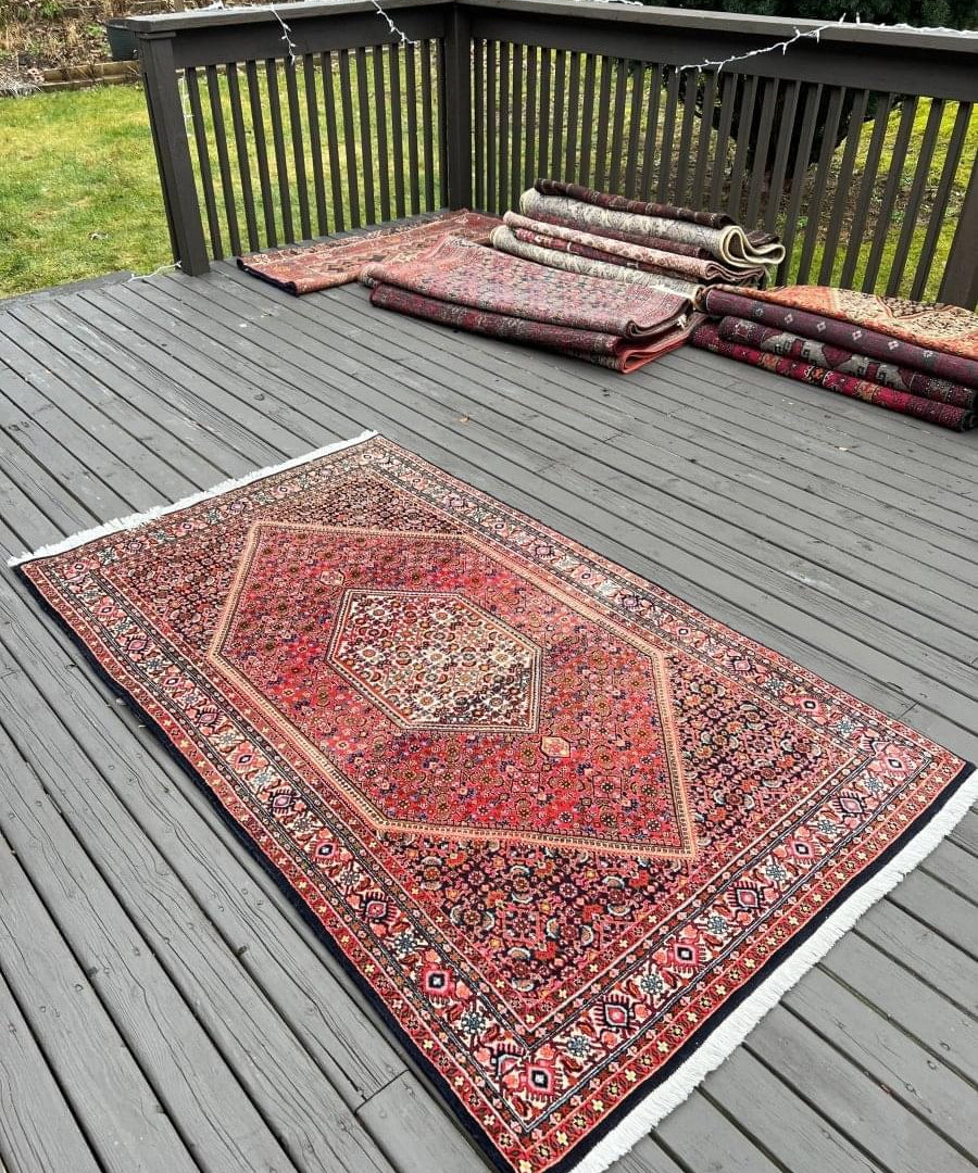 Red Persian-style bidjar rug runner, diagonal view, geometric medallion and bordered pattern.