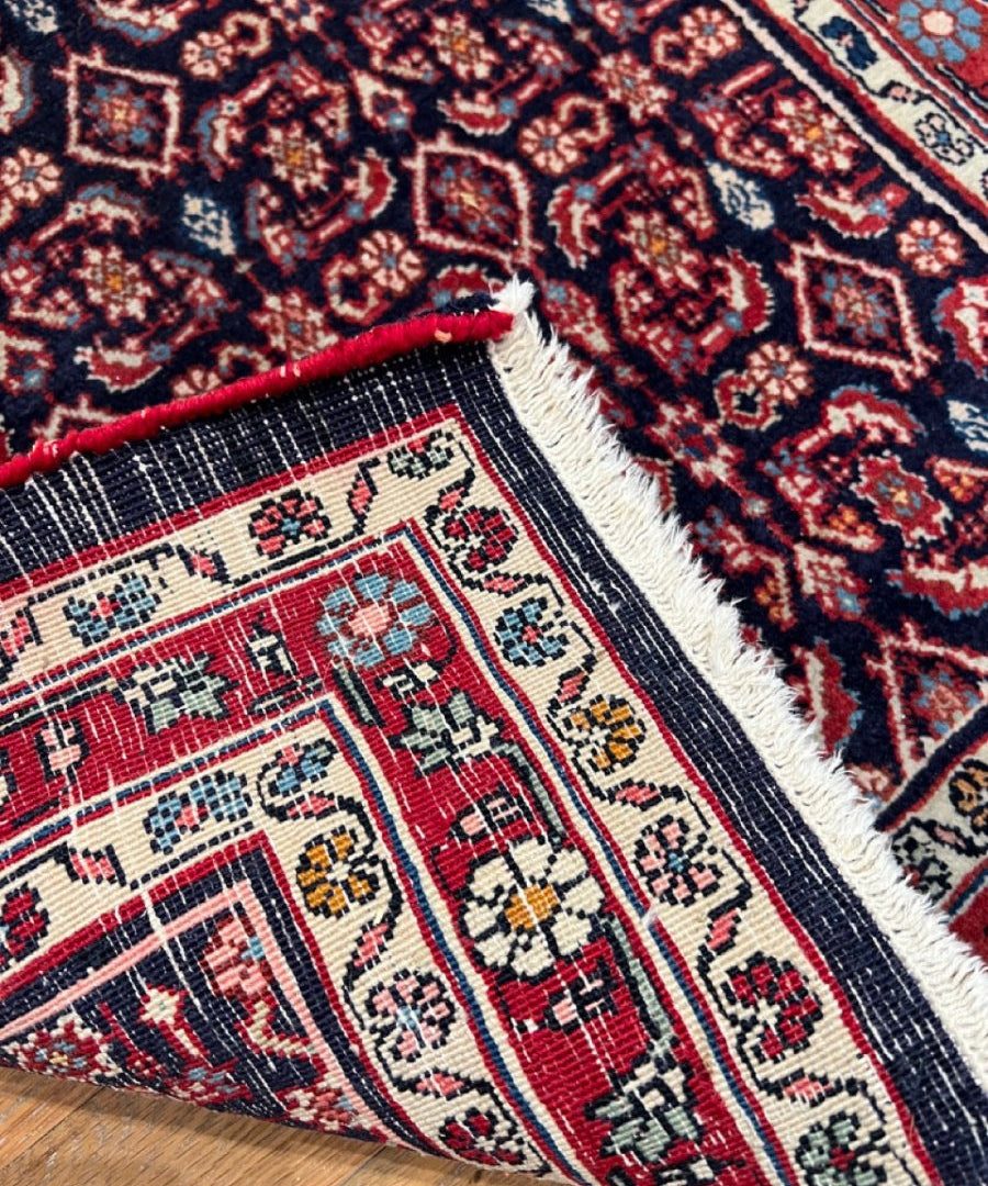 Bijar rug border close-up with red geometric motifs and off-white fringe