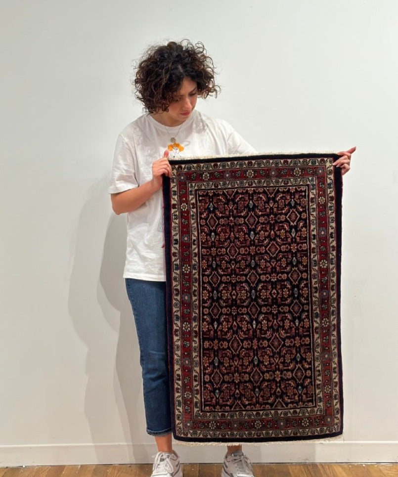 Bijar rug with navy center, red accents, ivory border and floral medallions