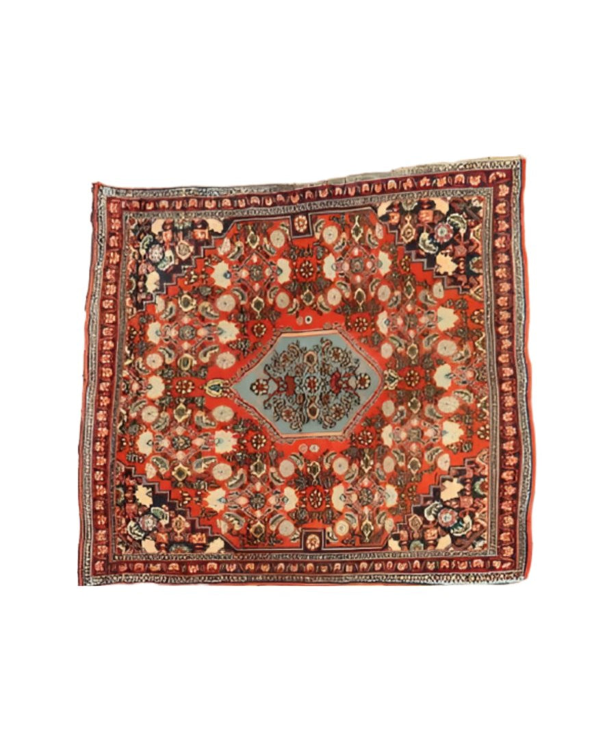 Persian Bijar rug square with red center medallion, multicolor rosettes, fringed