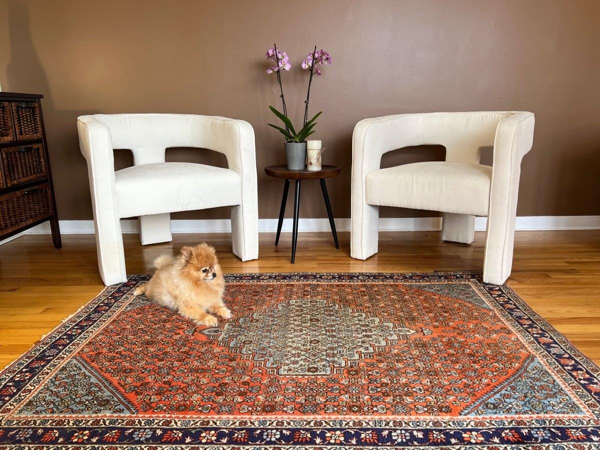 Persian Bijar rug with rust-orange field, navy border, and intricate geometric floral pattern