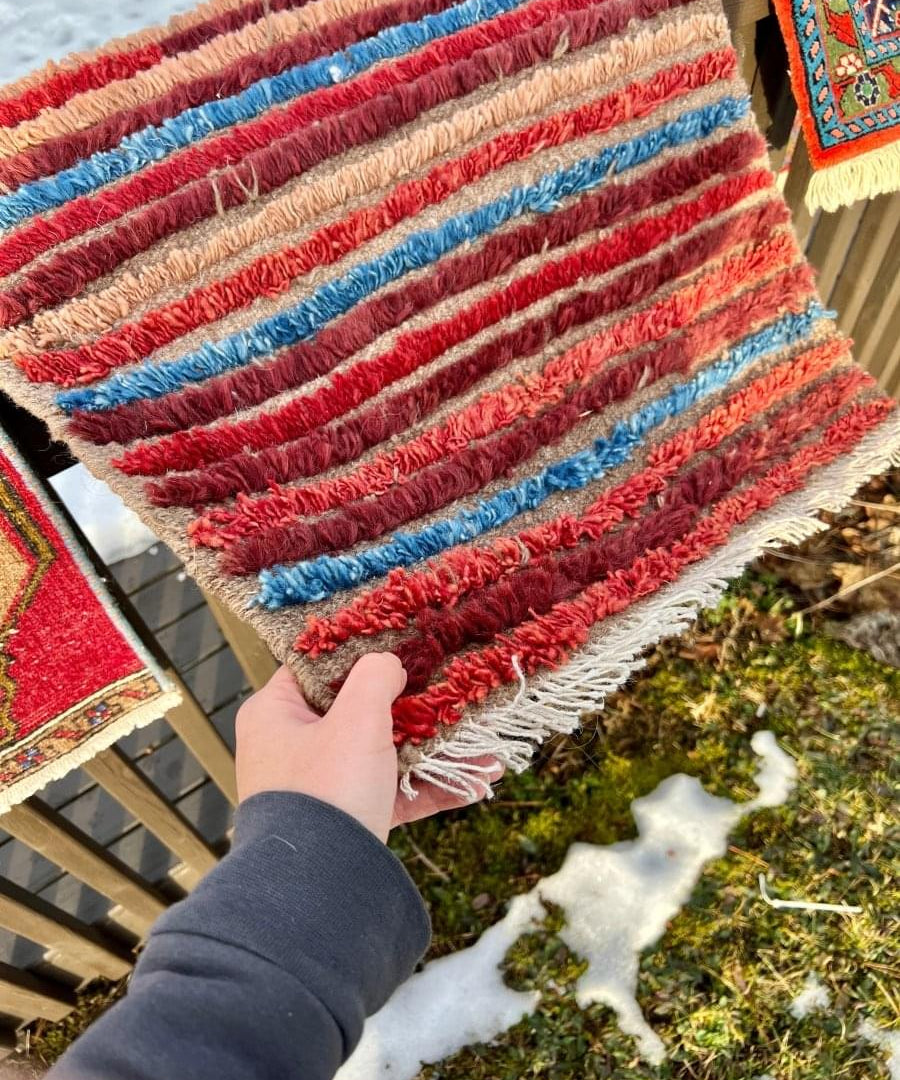 Mini rug with horizontal red and blue stripes and multicolor border, beige fringes
