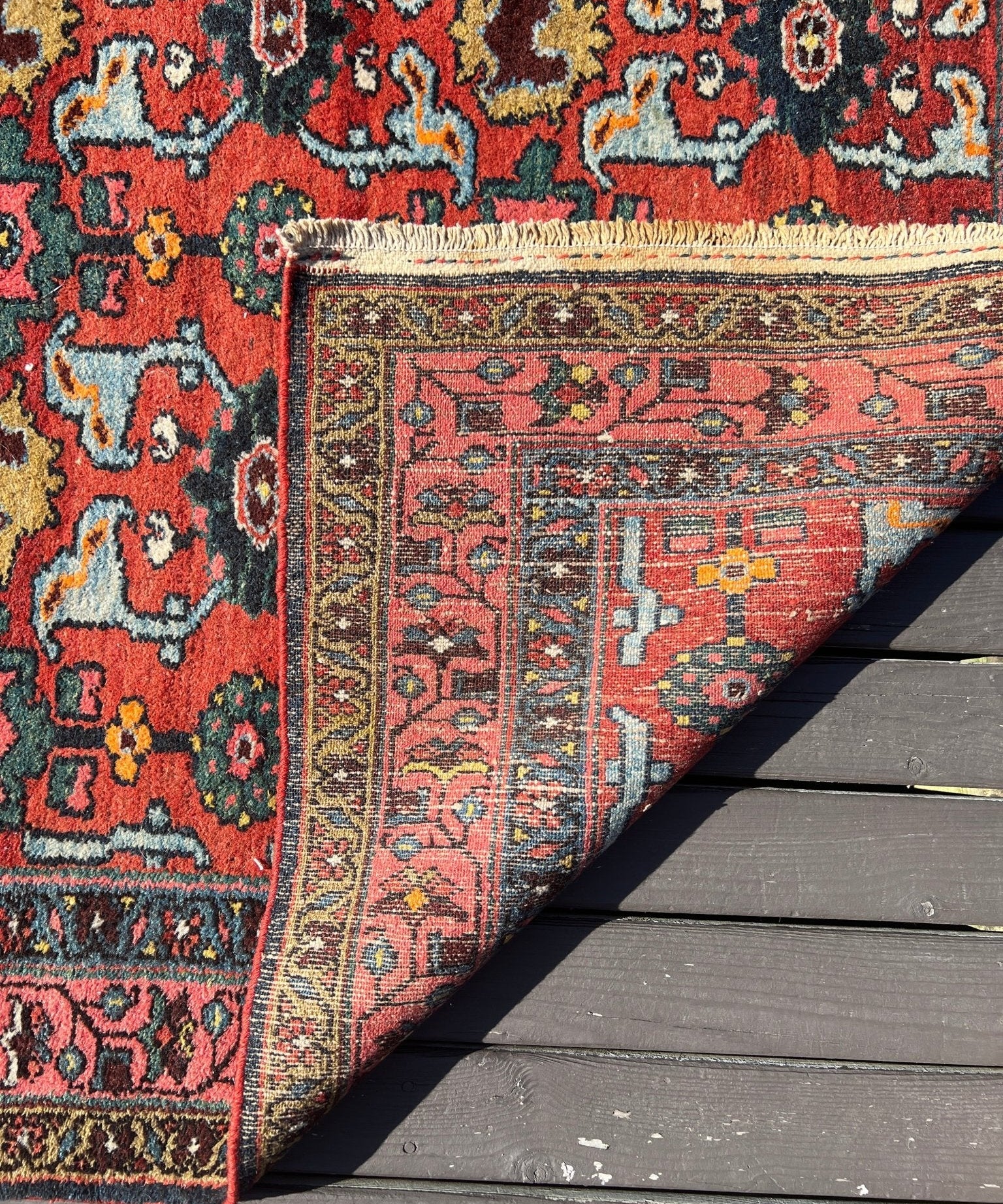 Rug corner detail with red field, teal motifs, and trimmed border on dark wood