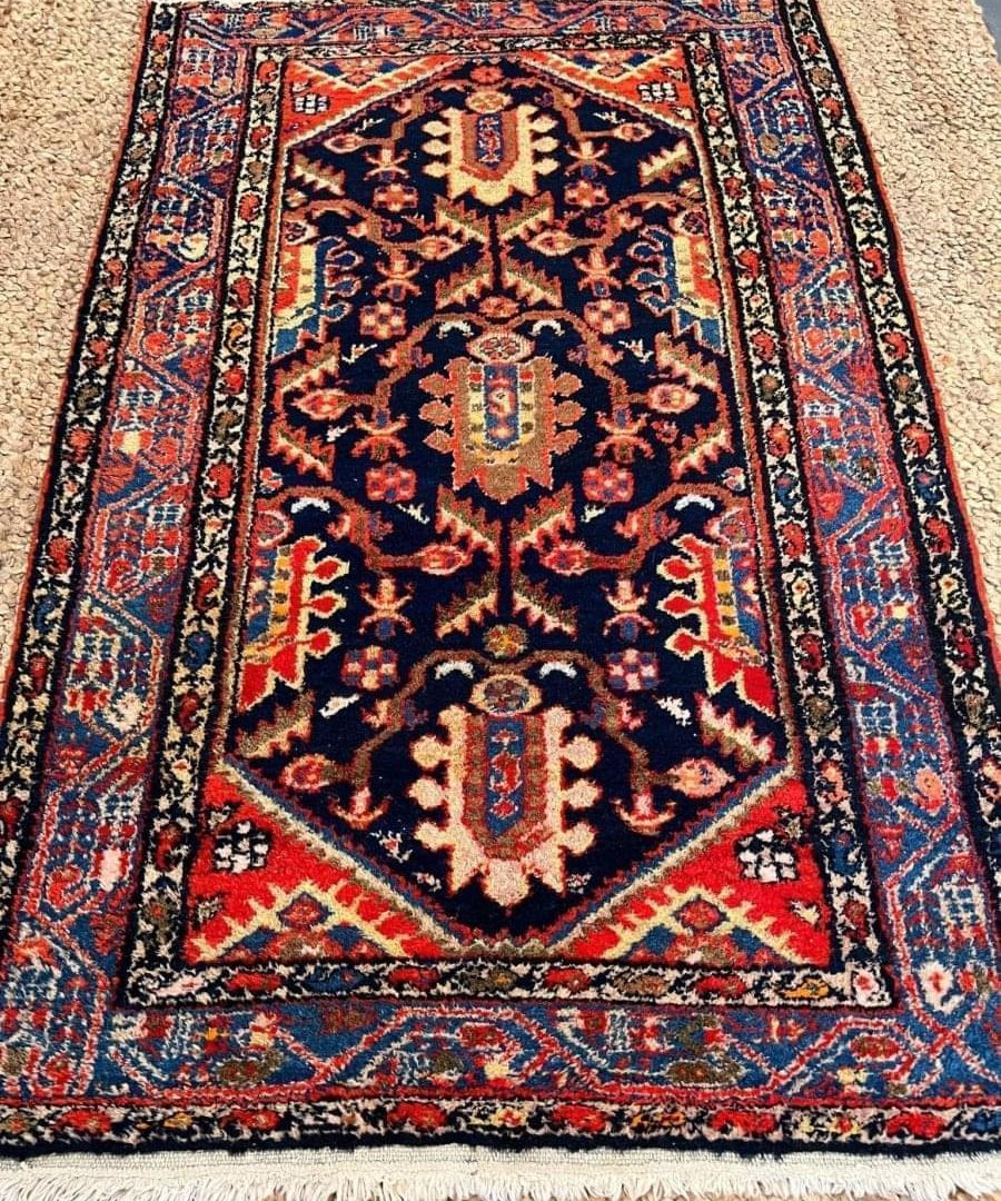 Persian Hamadan rug close-up: navy blue, red, and beige border with geometric motifs
