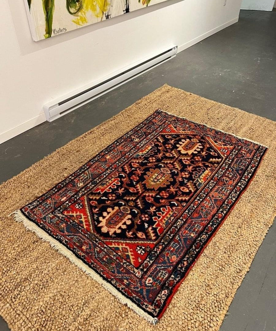 Persian Hamadan rug on floor, navy geometric medallion in red and blue border